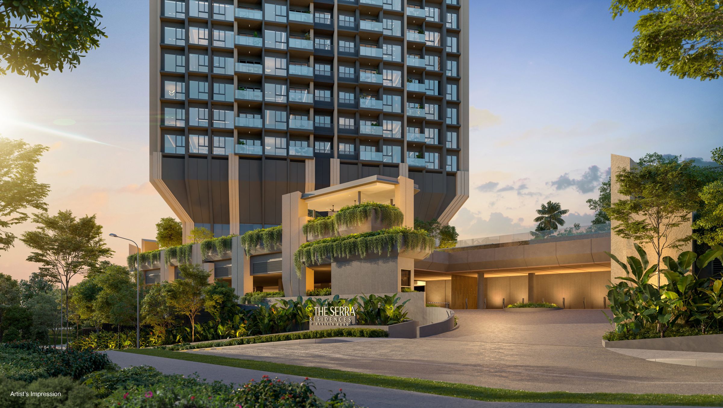 Artist's impression of The Serra Residences and its arrival driveway at dusk