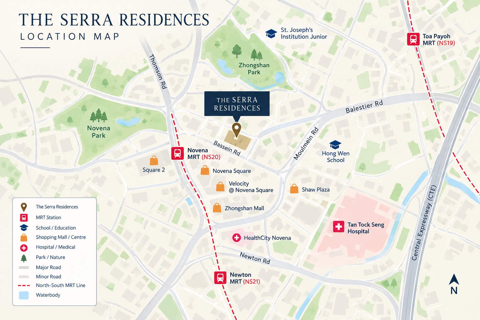 The Serra Residences location map showing Novena, Toa Payoh and Newton MRT stations, nearby malls, schools, parks and hospitals