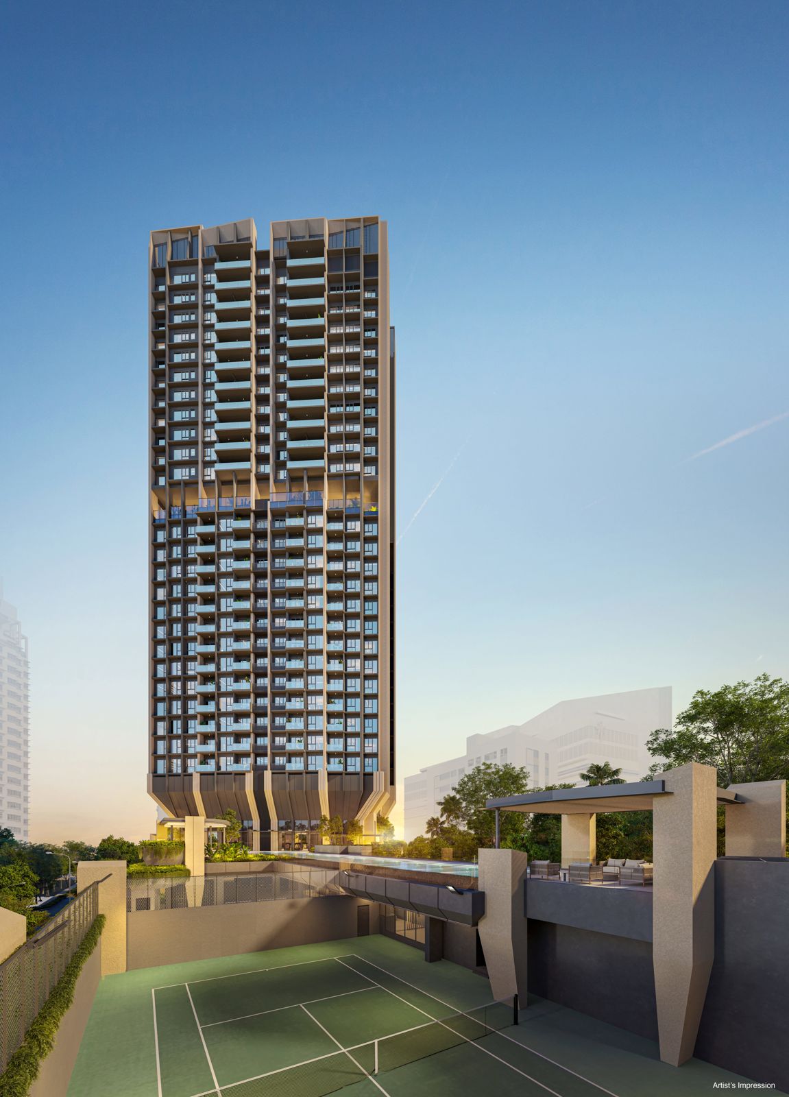 Artist's impression of the tower above its tennis court and gardens