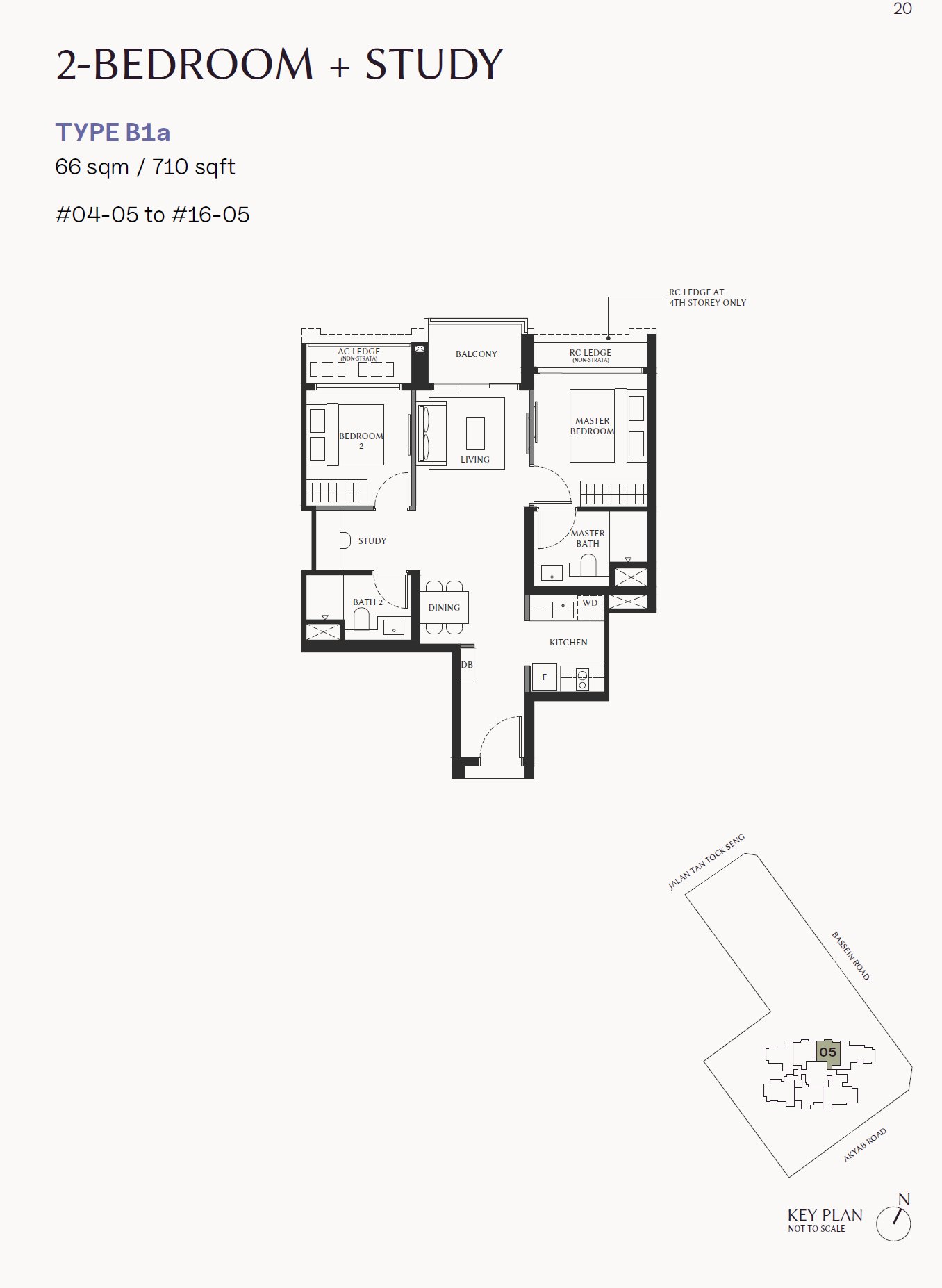 Floor plan, 2 Bedroom + Study, Type B1a, 710 sq ft