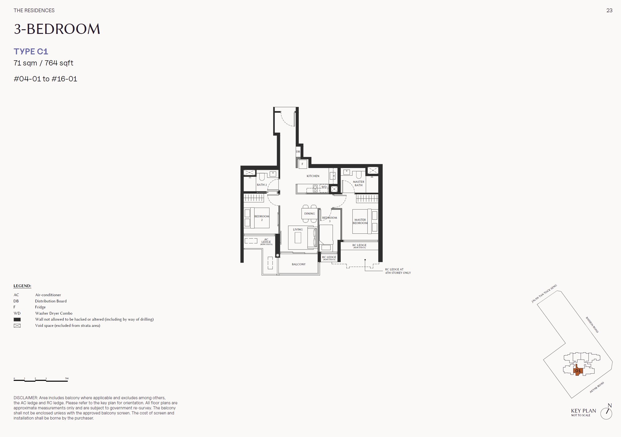 Floor plan, 3 Bedroom, Type C1, 764 sq ft